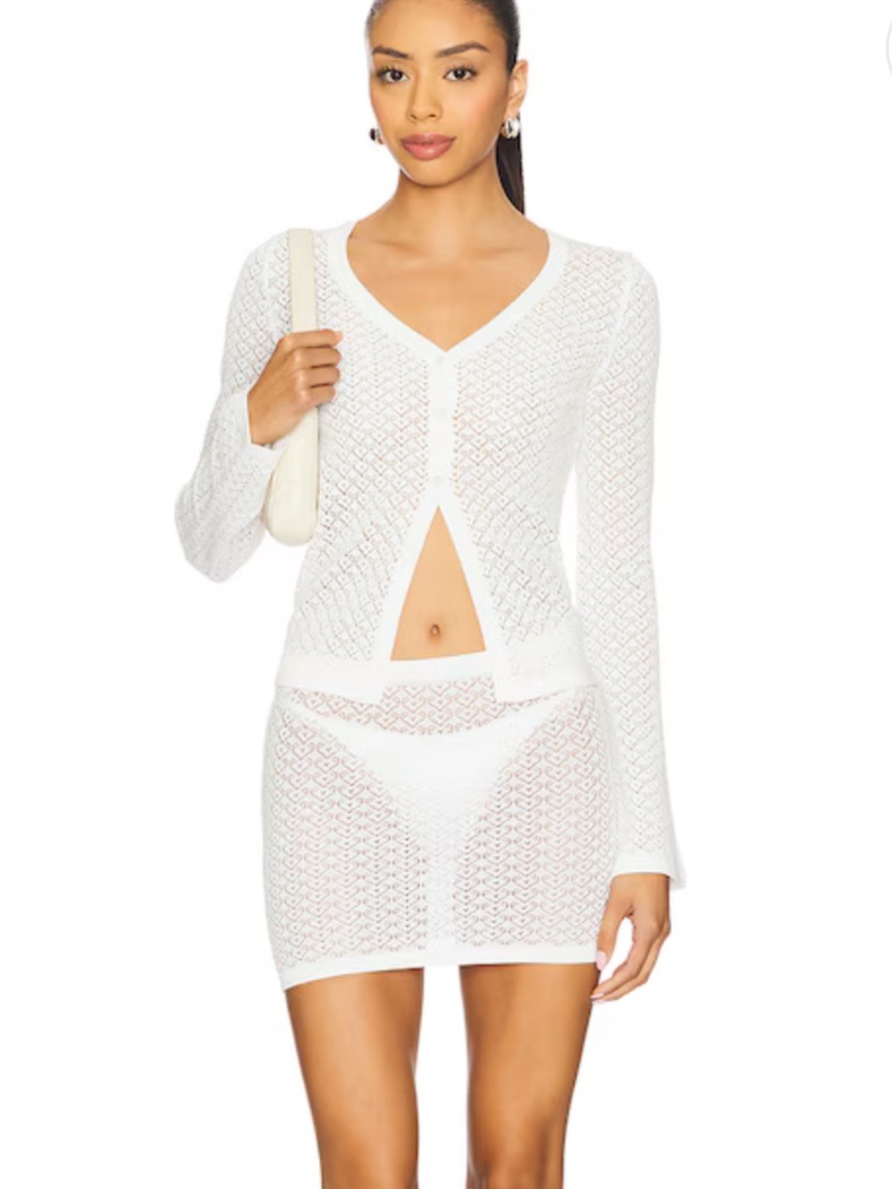 All The Ways Karlita Skirt Set White crochet mesh cardigan skirt Revolve M